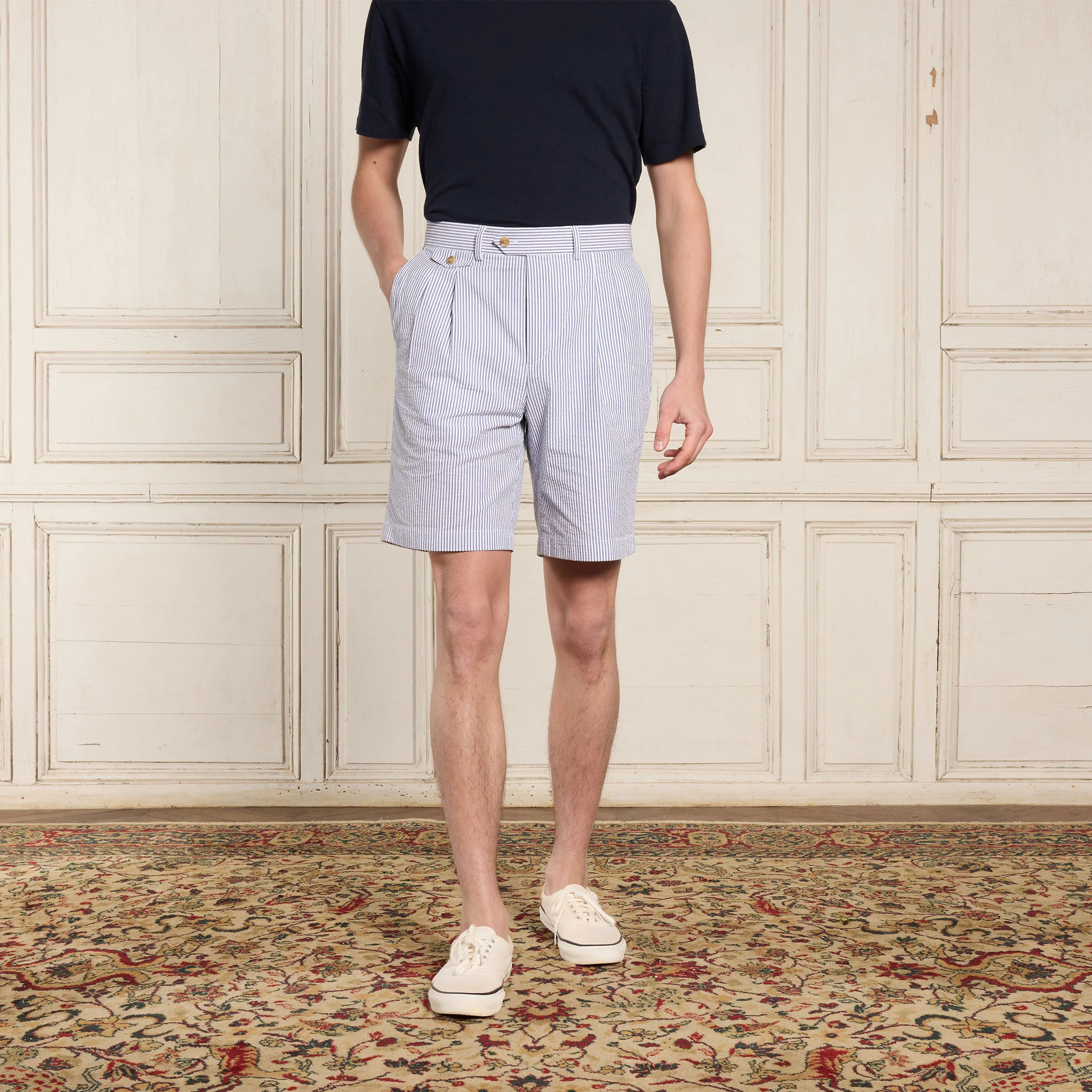 Blue Striped Seersucker Double Pleated Shorts