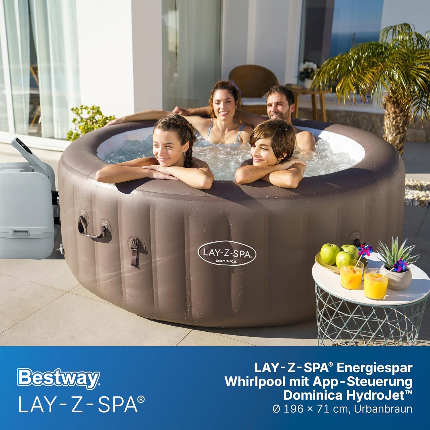 Bestway® Lay-Z-SPA® Energiespar-Whirlpool Dominica HydroJet™ mit App-Steuerung, für 6 Personen Ø 196 x 71 cm, Urbanbraun