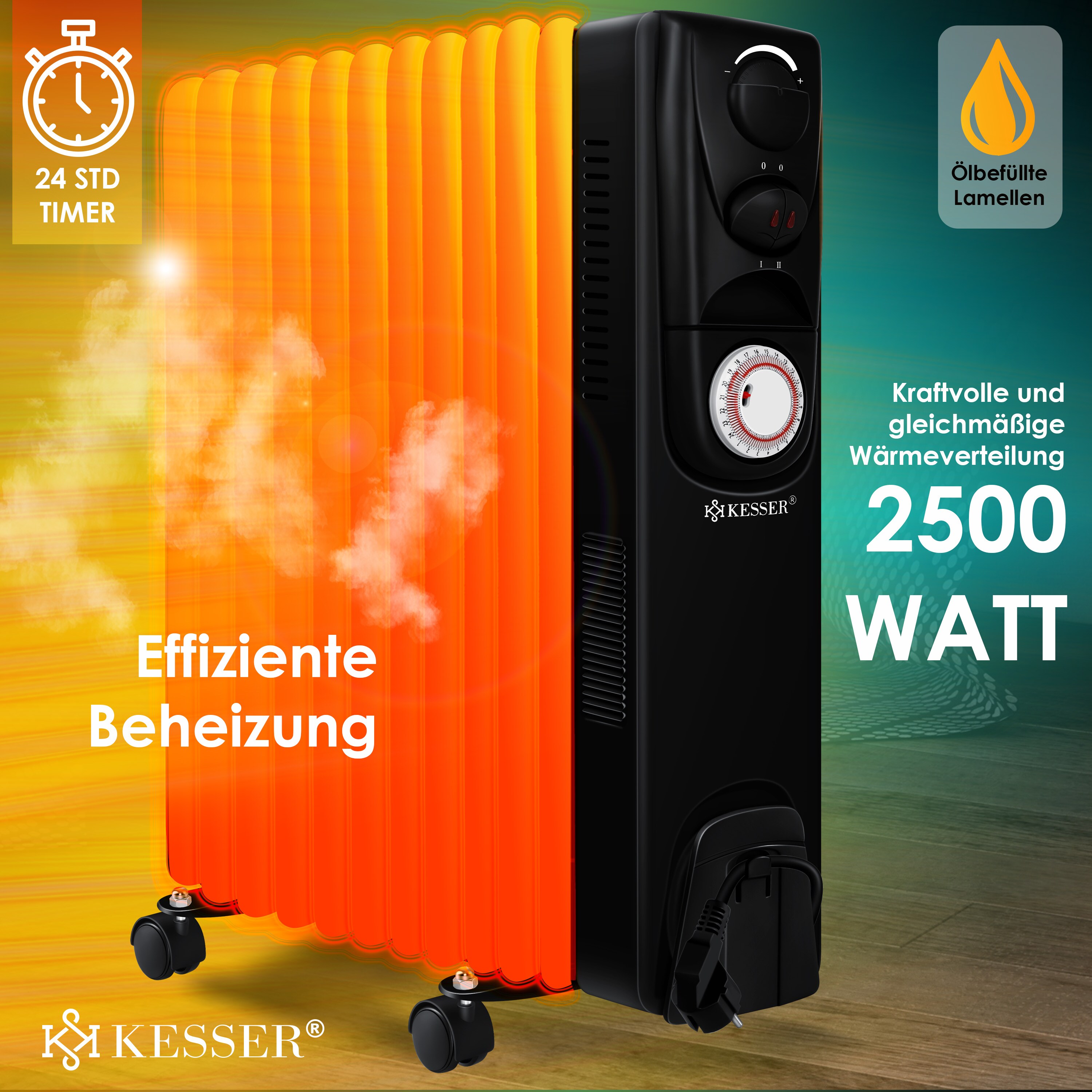 KESSER® Ölradiator - Elektrische Heizung2500W Öl RadiatorElektroheizung Mobil Timer Lüfter Abschaltautomatik stufenlose Temperaturregelung Überhitzungsschutz