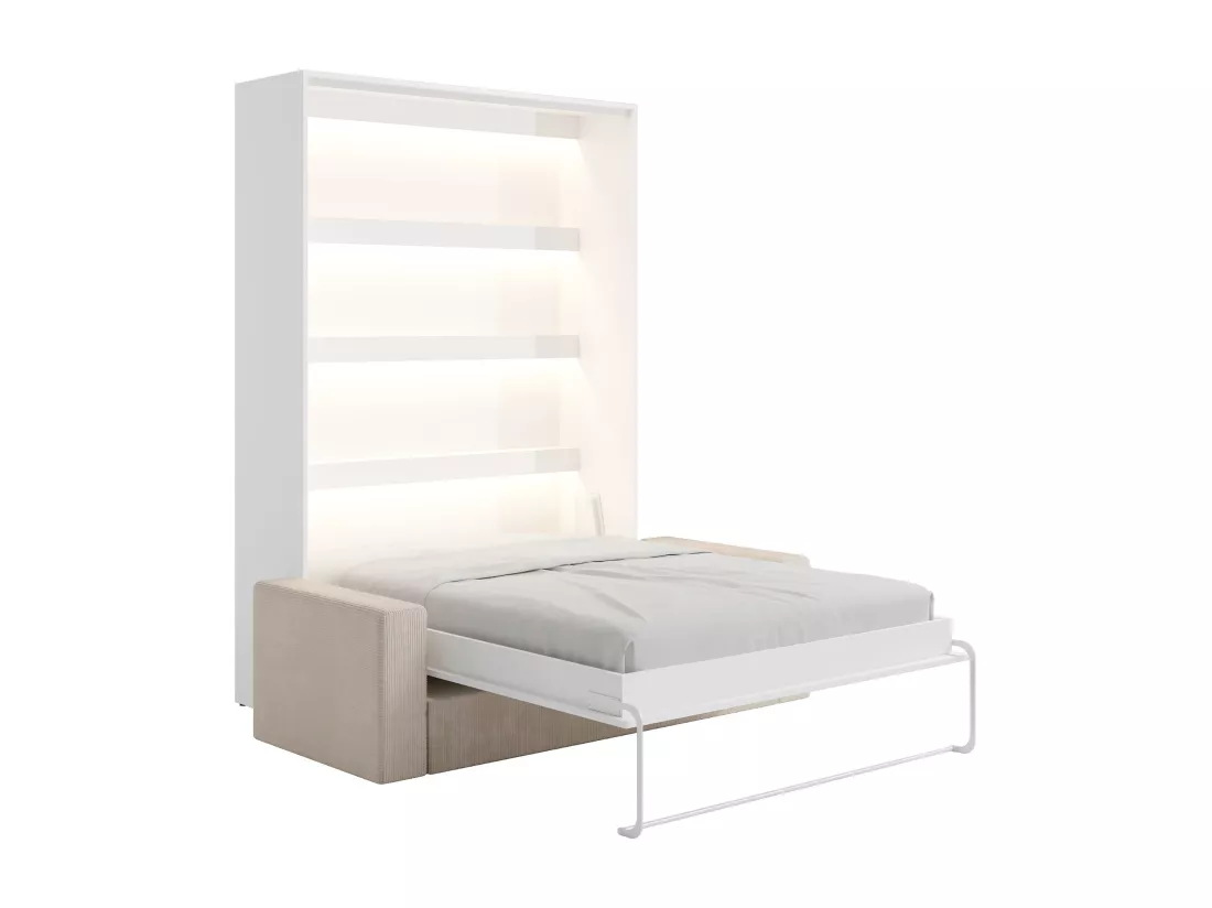 Lit escamotable 140 x 200 cm - Ouverture verticale manuelle - Avec LEDs - Blanc + Matelas + Canapé - RAPILI
