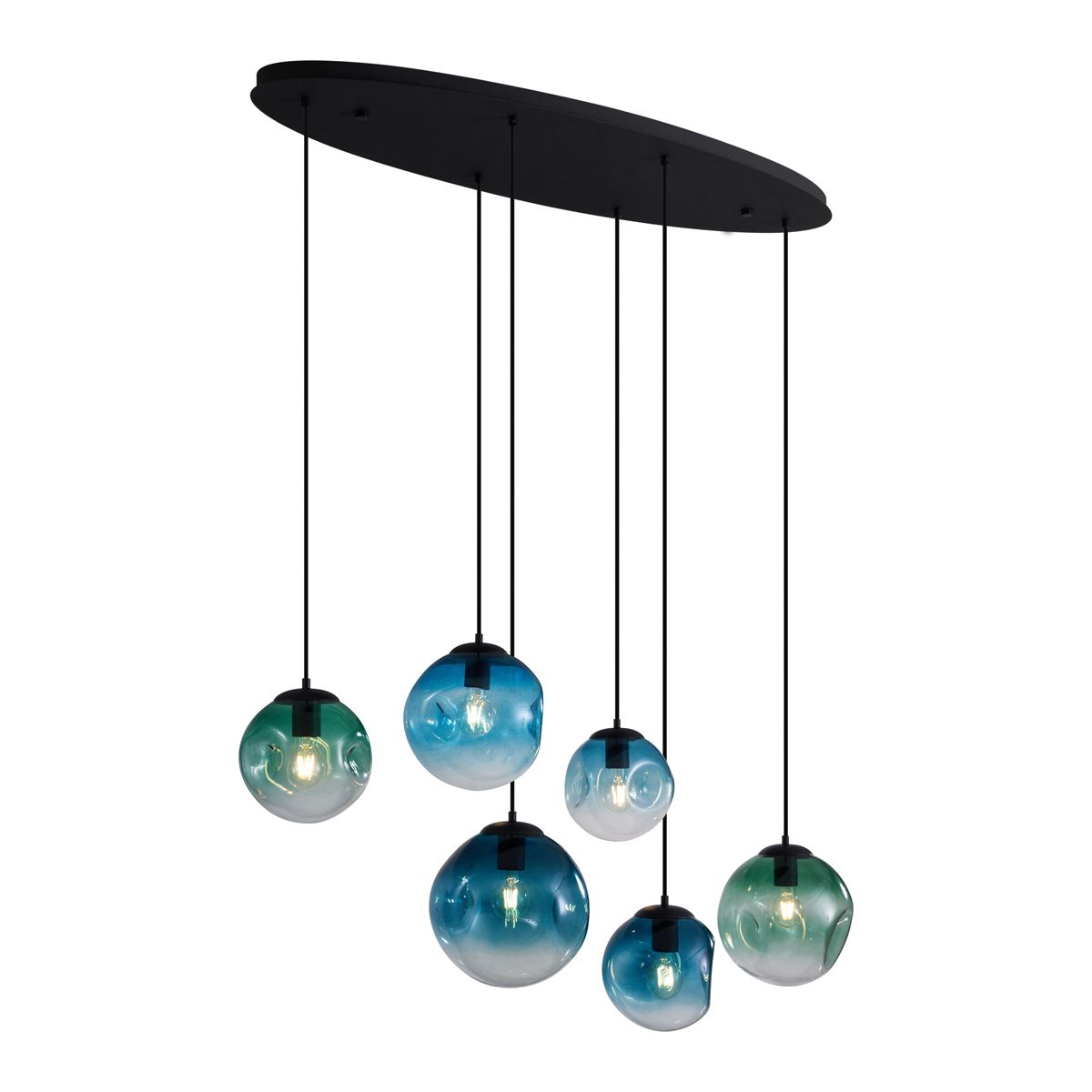 Art deco hanglamp zwart met ovale plafondplaat en groen en blauw glas 6-lichts - Douglass