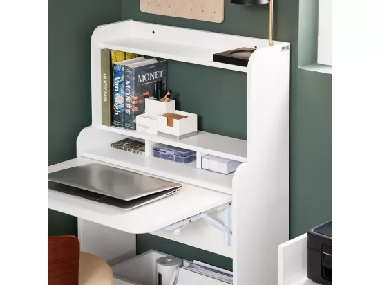 SoBuy Bureau Pliable, Table d'Ordinateur Rabattable, Bureau Multifonctionnel avec Etagères de Rangement et 1 Boîte de Rangement à Roulette, 64x25x98cm, Blanc, FWT105-W