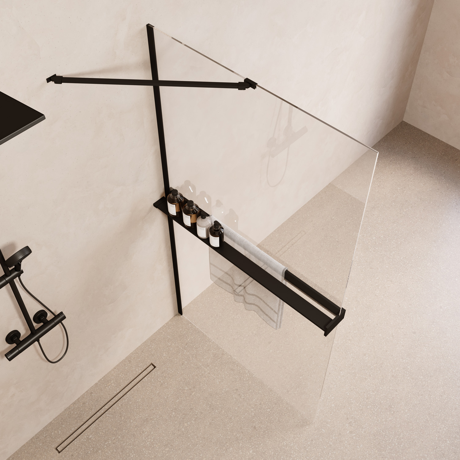 Saniclear Oblique inloopdouche 120cm met handdoekhouder en helder glas zwart mat