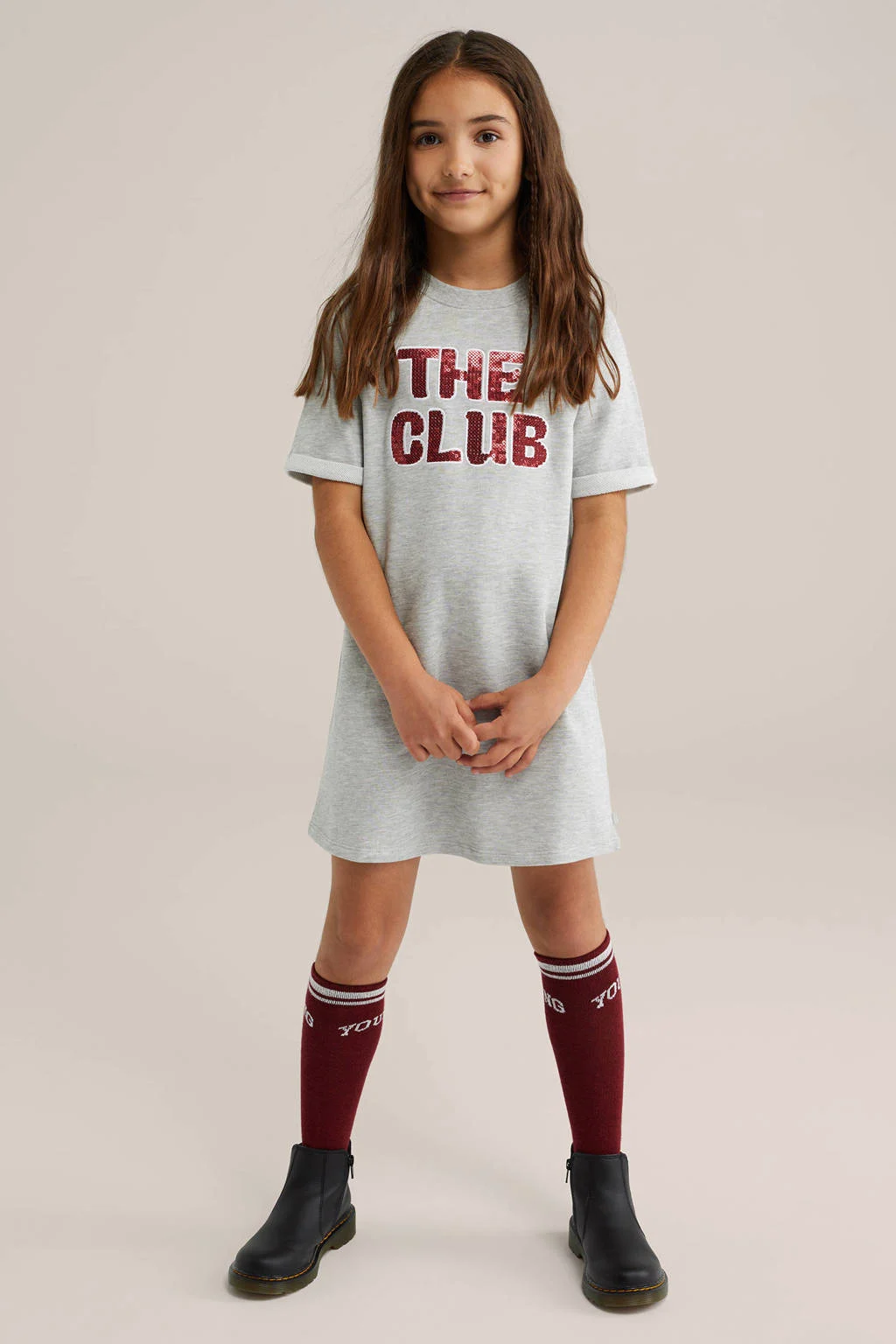 WE Fashion t-shirtjurk met pailletten grijs melange