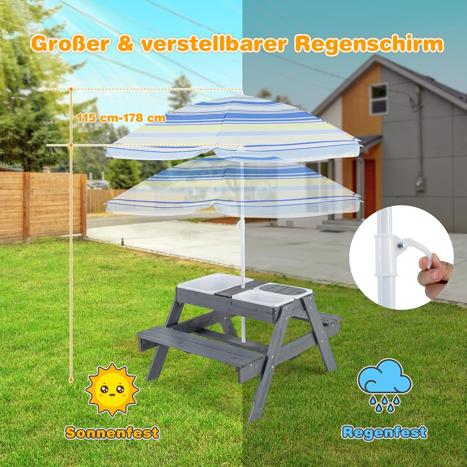 COSTWAY Kindersitzgruppe Outdoor, 2 in 1 Kindersitzgarnitur mit Sonnenschirm und 3 abnehmbaren Behältern für Sand & Wasser, Kinder Picknicktisch, Spieltisch, Gartenmöbel für Garten, Hinterhof