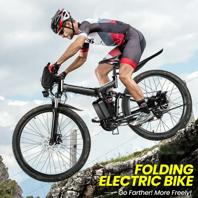 Bicicleta elétrica Gocio de 26 polegadas para adultos, bicicleta elétrica dobrável de montanha de 500 W com autonomia máxima de 80 km, suspensão total, bicicleta elétrica dobrável de 48 V com bateria de íon-lítio removível de 374,4 Wh.