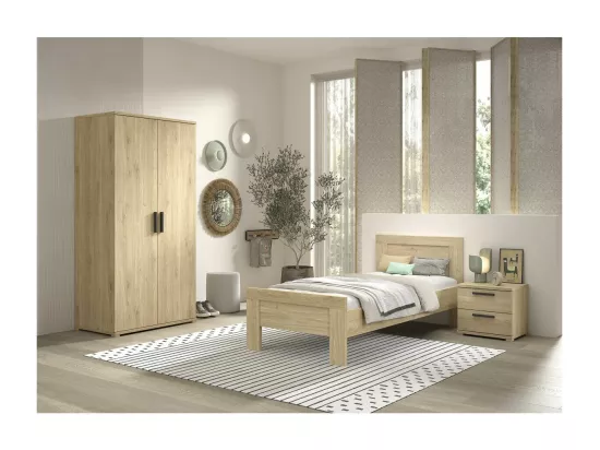 MARCO - Chambre Enfant Lit 90x200cm + Chevet + Armoire 2 Portes Aspect Chêne