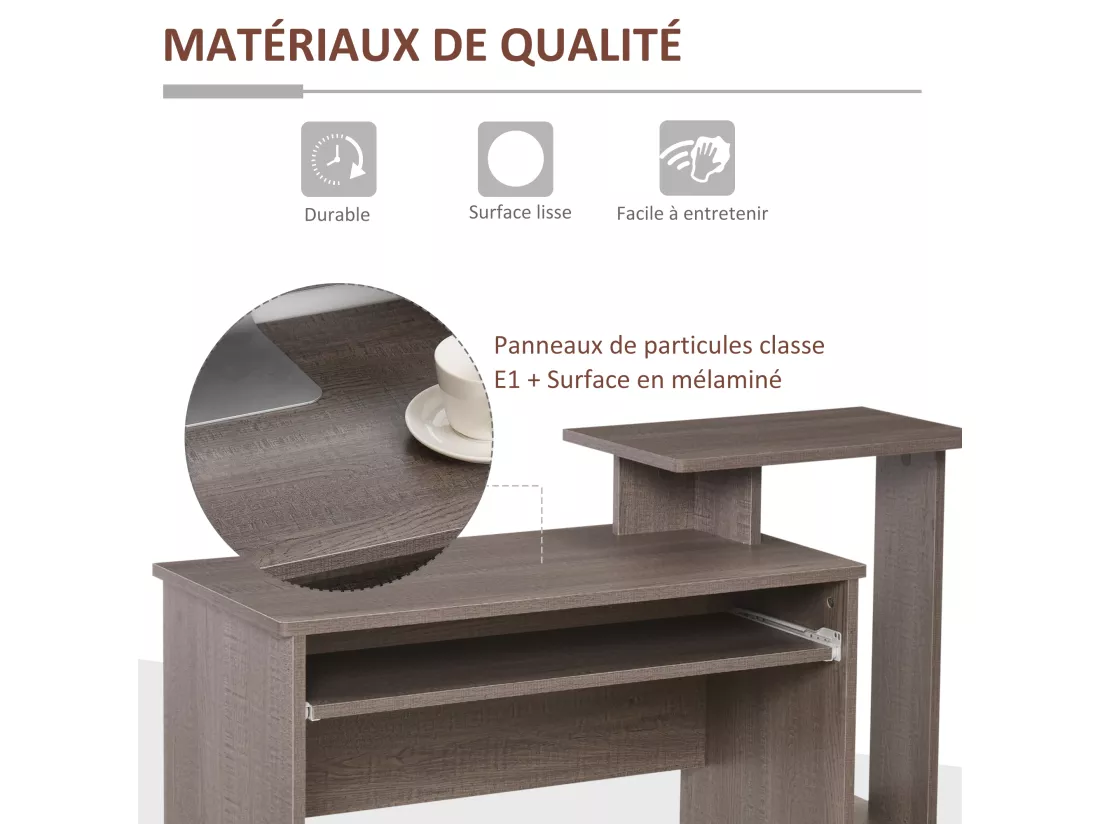 Bureau informatique multimédia étagères tablette clavier panier noir panneaux particules gris