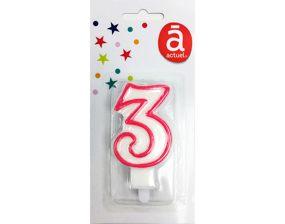 VELA DE ANIVERSÁRIO NÚMERO 3 ACTUEL BRANCO COM REBORDO COLORIDO