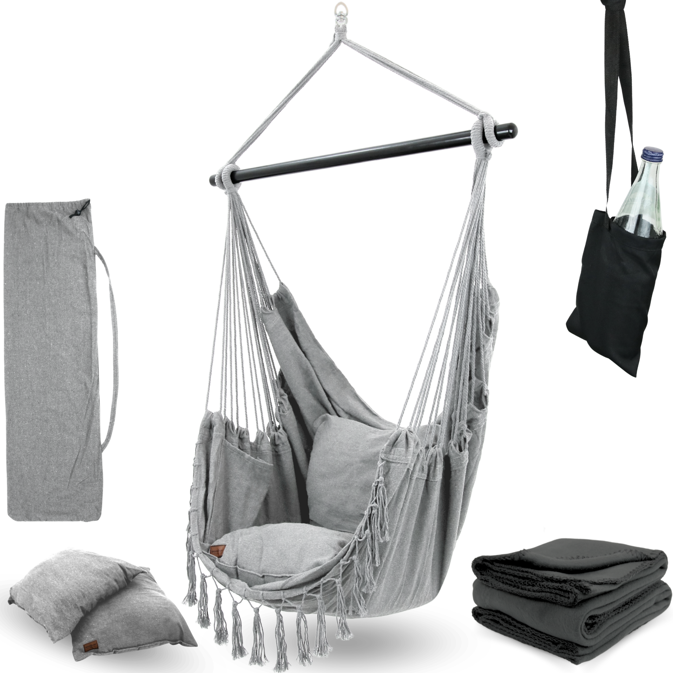 deluxe4home® Hängesessel mit 2 Kissen, Bücherfach und Kuscheldecke | Hellgrau