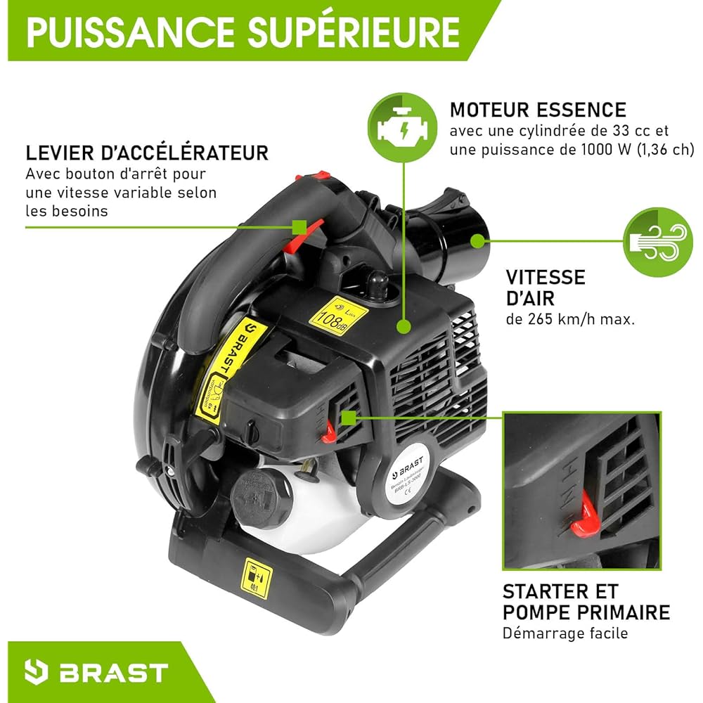BRAST Souffleur, aspirateur, broyeur therrmique 1000W 30cc vitesse de soufflage 265km/h 1,36cv 9.000 trs/min sac 55l, anti-vibrations, sangle réglable, 4en1 : Jardin