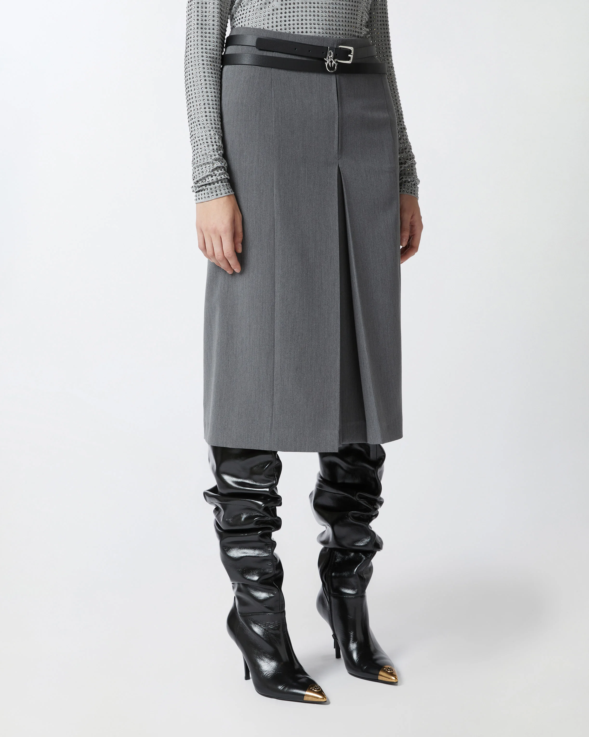 Jupe tailleur midi plissée et fendue | Gris