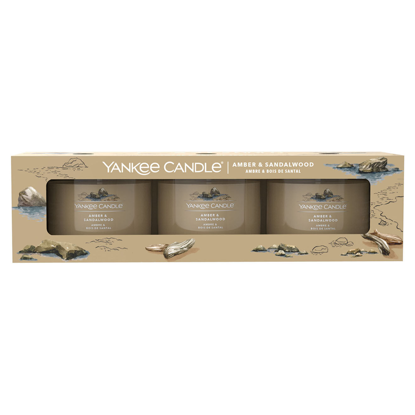 Yankee Candle Coffret 3 Bougies parfumées votives Ambre & Bois de santal Signature - 1 mèche 10h