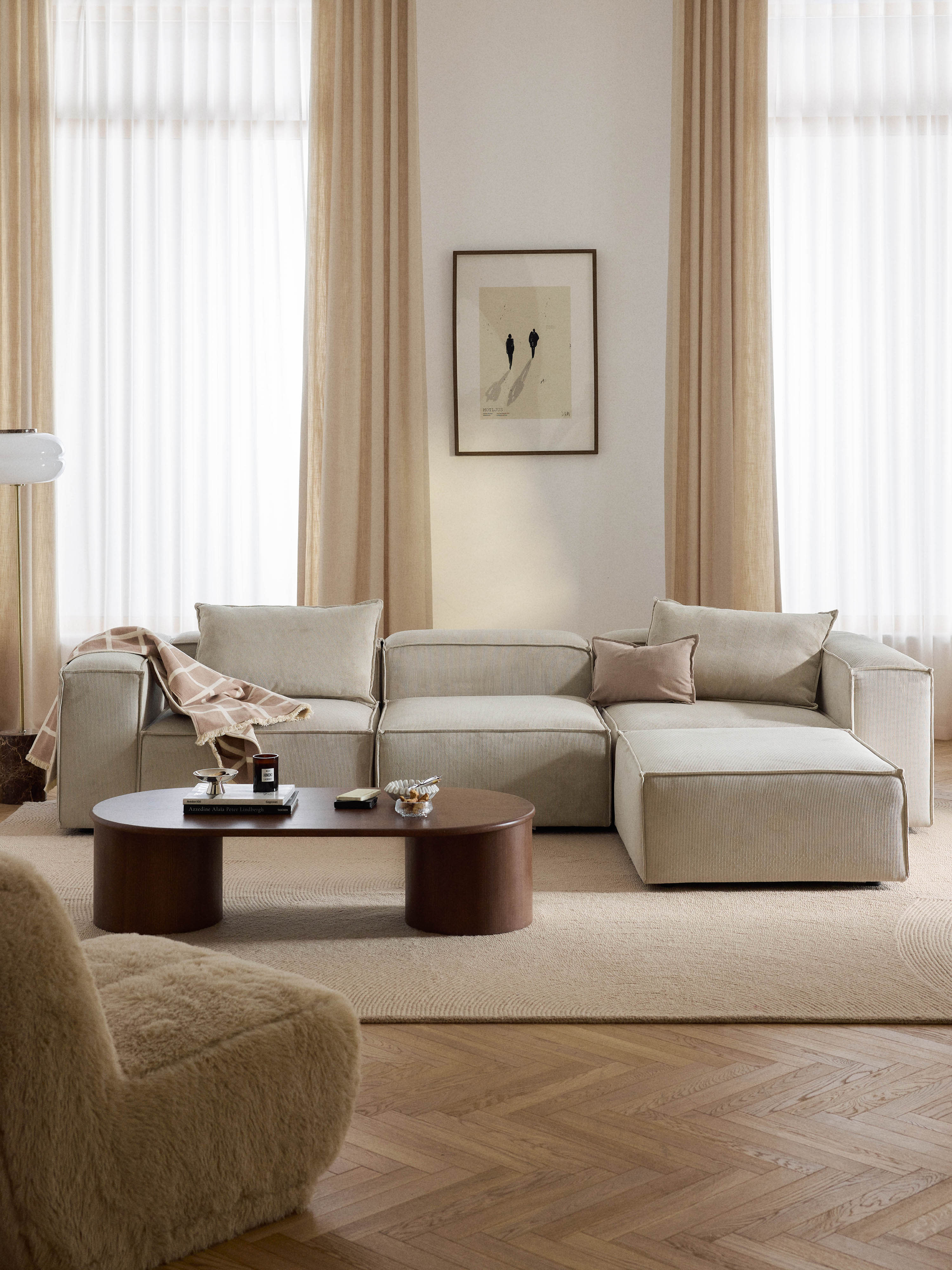 Modulaire bank Lennon (4-zits) van corduroy met poef (links/rechts)