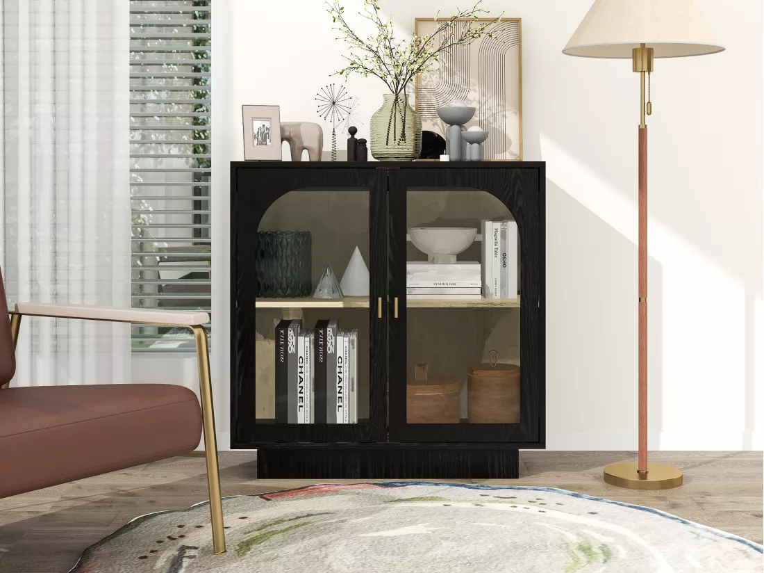 Armoire à double porte noire avec éléments arrondis, 80 cm de long, pour chambre, bureau, salon et autres espaces