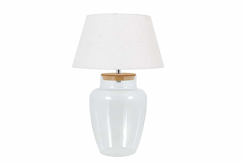 Befüllbare Tischlampe CLASSICO 75cm weiß transparent Glas mit Leinenschirm