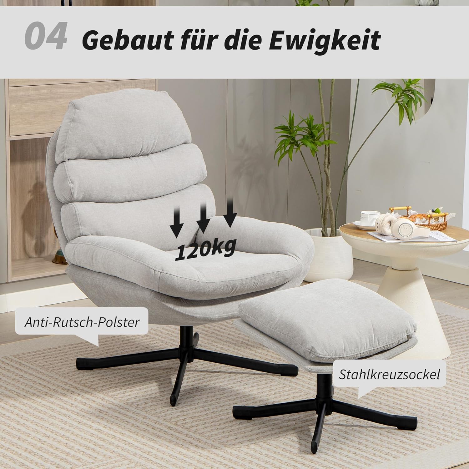 HOMCOM Relaxsessel mit Hocker Sessel Loungesessel mit Chenille-Optik breiter Sitzfläche Drehbar Polstersessel Armlehnensessel für Wohnzimmer, Schlafzimmer, Cremeweiß