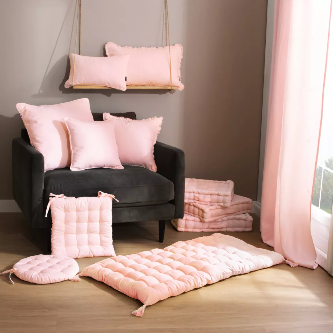 Coussin de sol coton (60 x 60 cm) Pixel Rose poudré