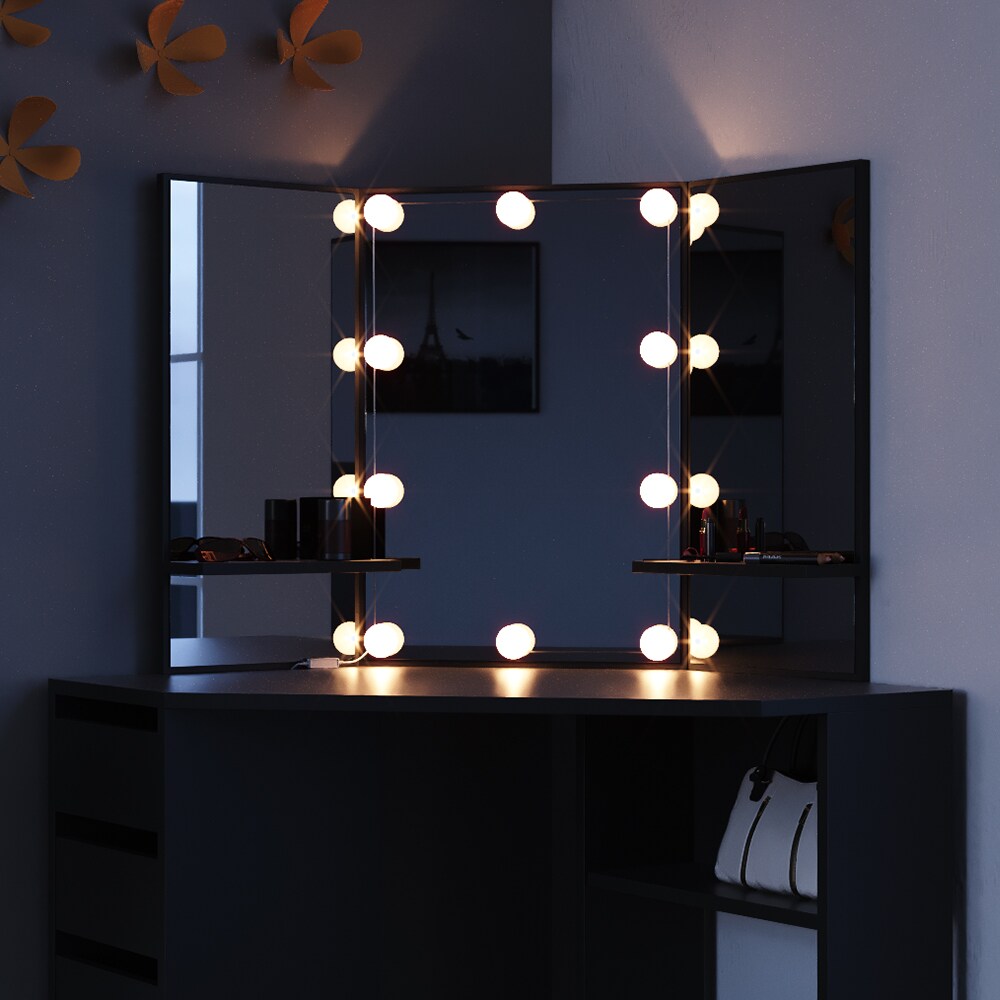 Vicco Schminktisch Arielle Frisiertisch Kommode Frisierkommode Spiegel Schwarz inklusive LED-Lichterkette