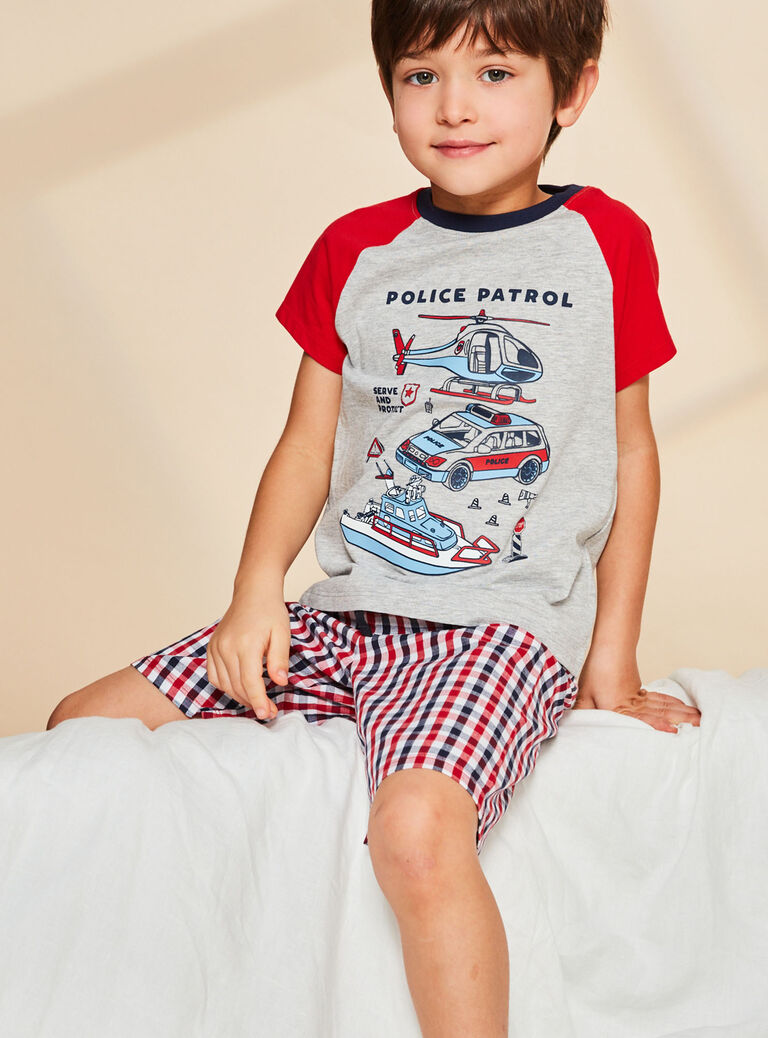 Pyjama gris chiné à motifs police et à imprimé à carreaux