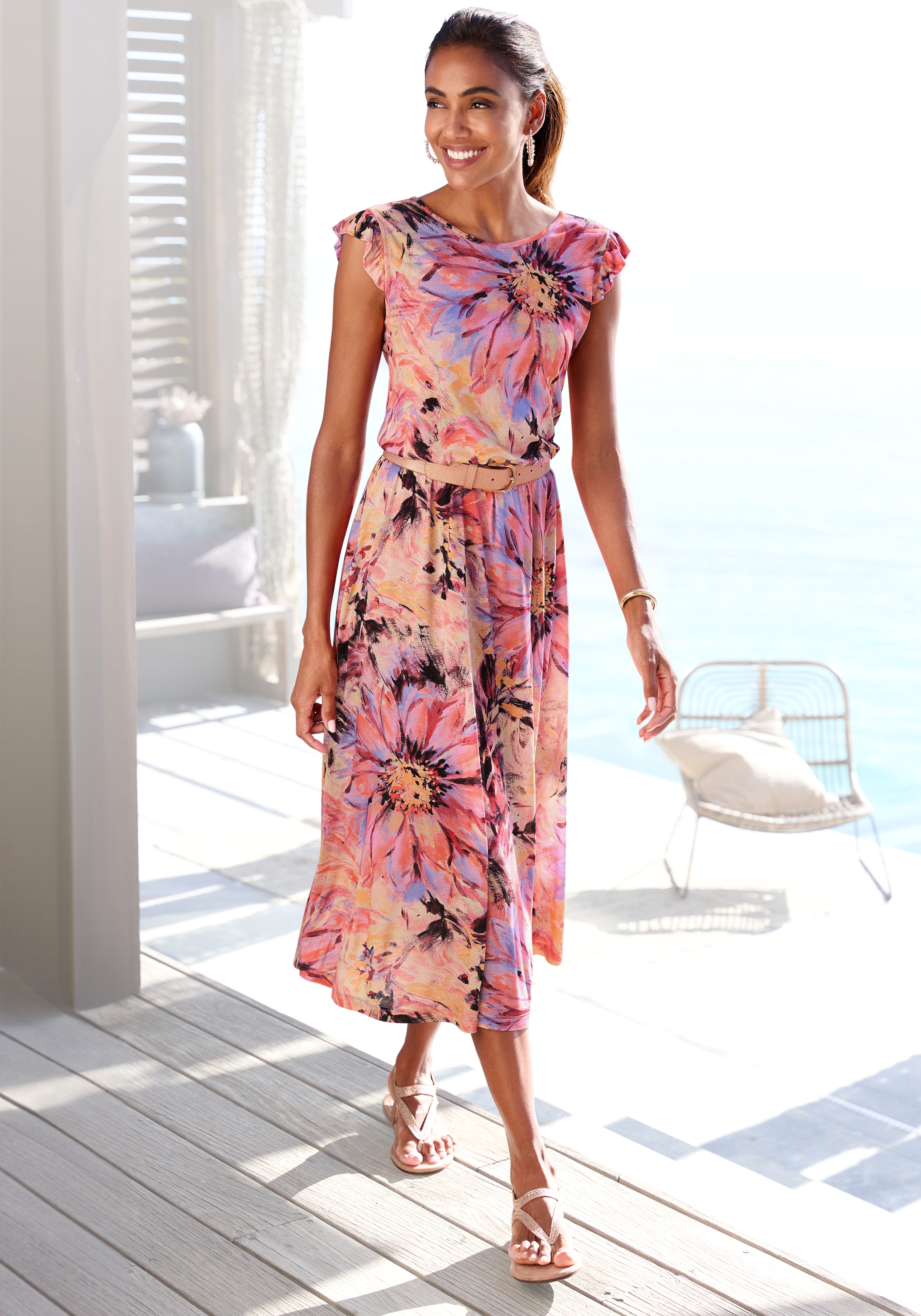 LASCANA Midikleid mit Rüschenärmeln