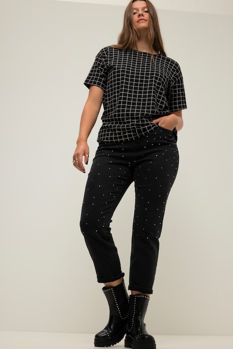 Mom-Jeans, Wide Legs, Strass-Steine, 5-Pocket, Zippfly