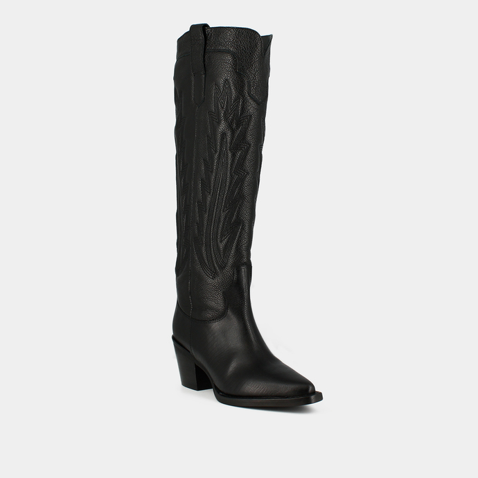 Bottes à talons épais et surpiqures apparentes  en cuir grainé noir