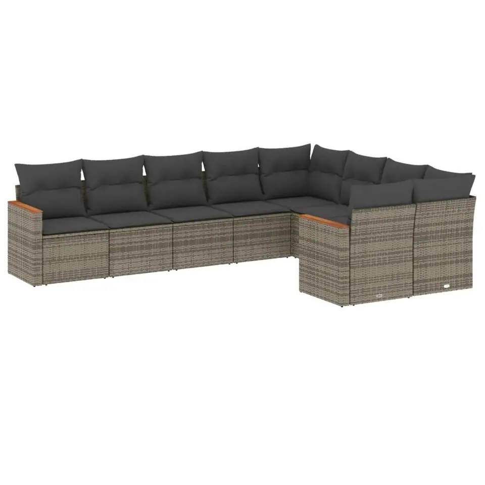 vidaXL Loungeset met kussens & hout armsteun voor 9 - Grijs - Poly rattan