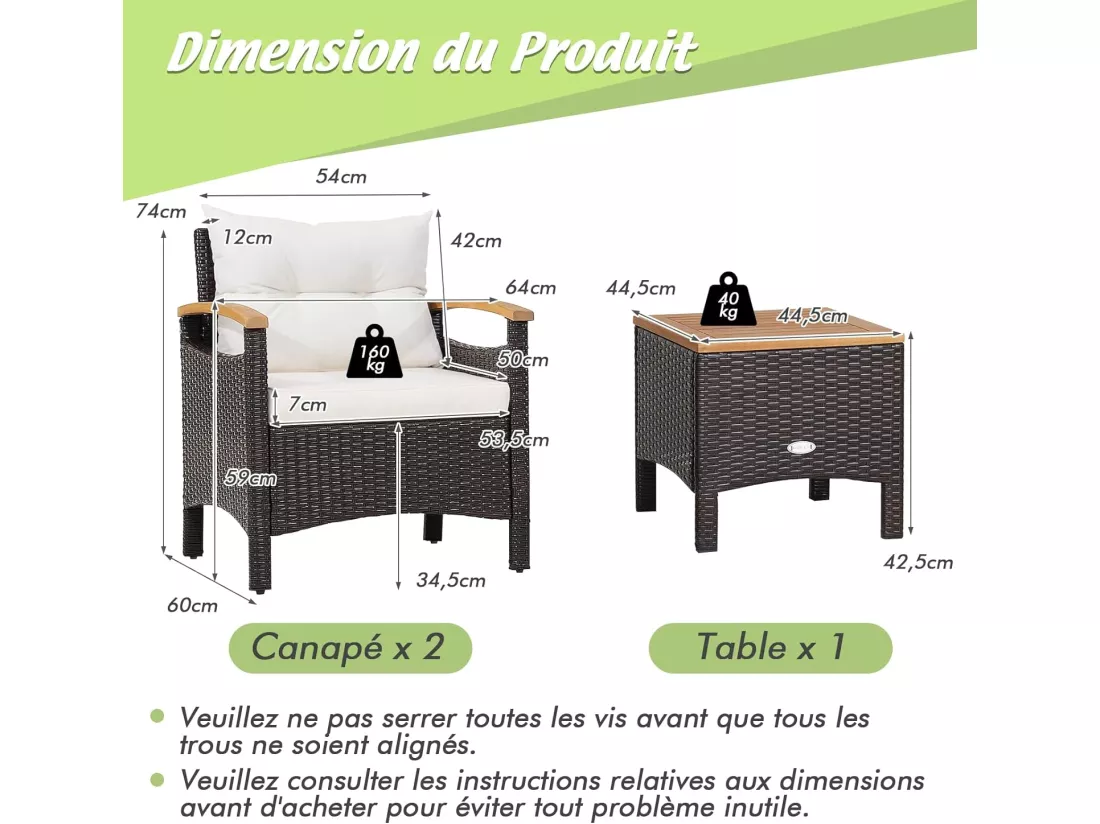 Salon de Jardin en Rotin et fibre naturelle - 3 Pièces - Table Basse et 2 Fauteuils avec Coussin Amovible - Accoudoirs en Bois d’Acacia