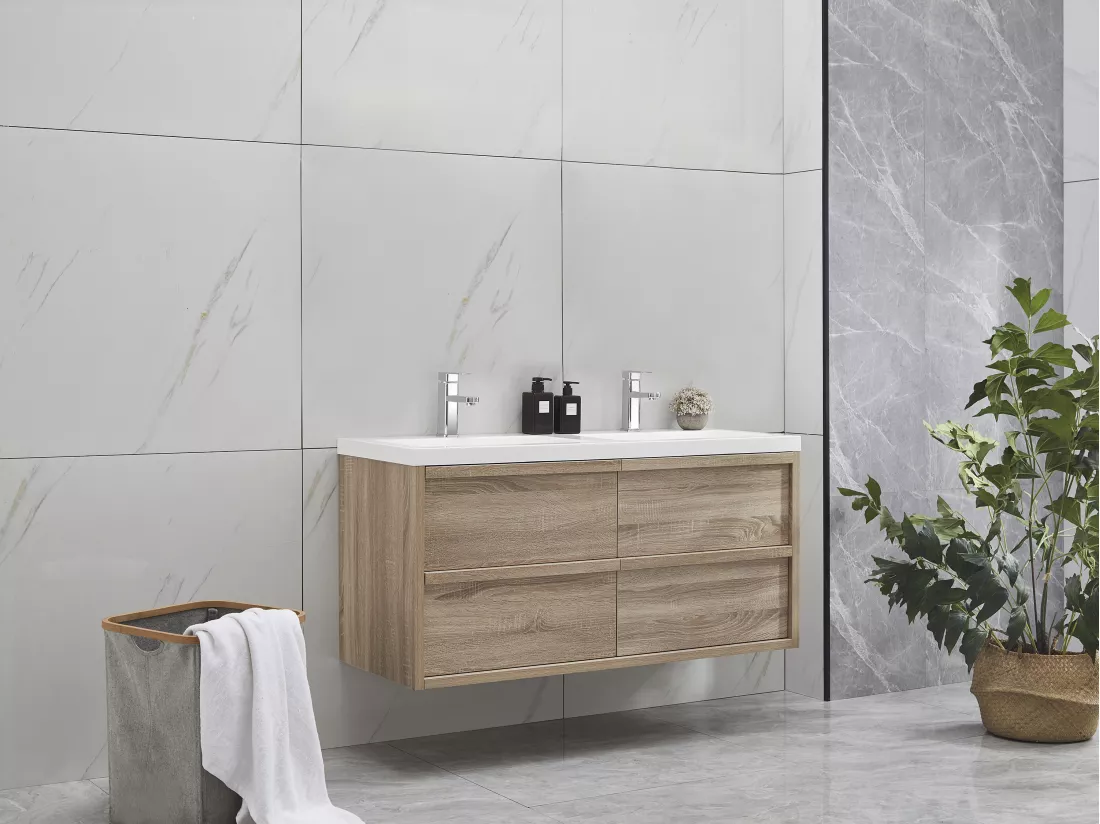 Meuble de salle de bain suspendu avec vasque à encastrer - Coloris naturel clair - 120 cm - QUADRA