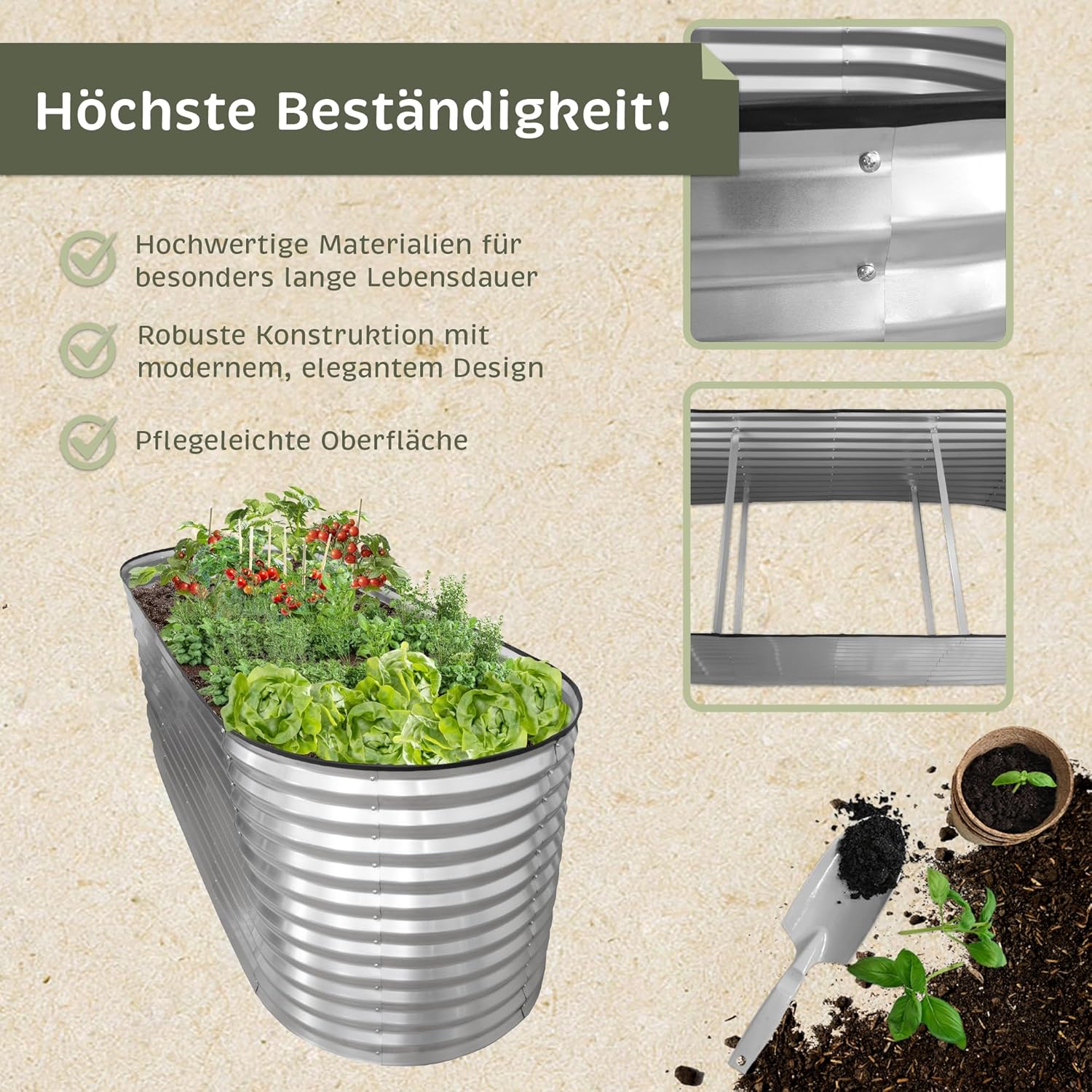 NATIV Hochbeet Metall 240x80x78 cm oval, galvanisiert, wetterfestes Garten Hochbeet mit Bodengitter gegen Wühlmäuse und Kantenschutz, stabiles Pflanzbeet für Gemüse, Kräuter und Blumen im Außenbereich