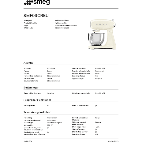 Smeg køkkenmaskine SMF03CREU - creme