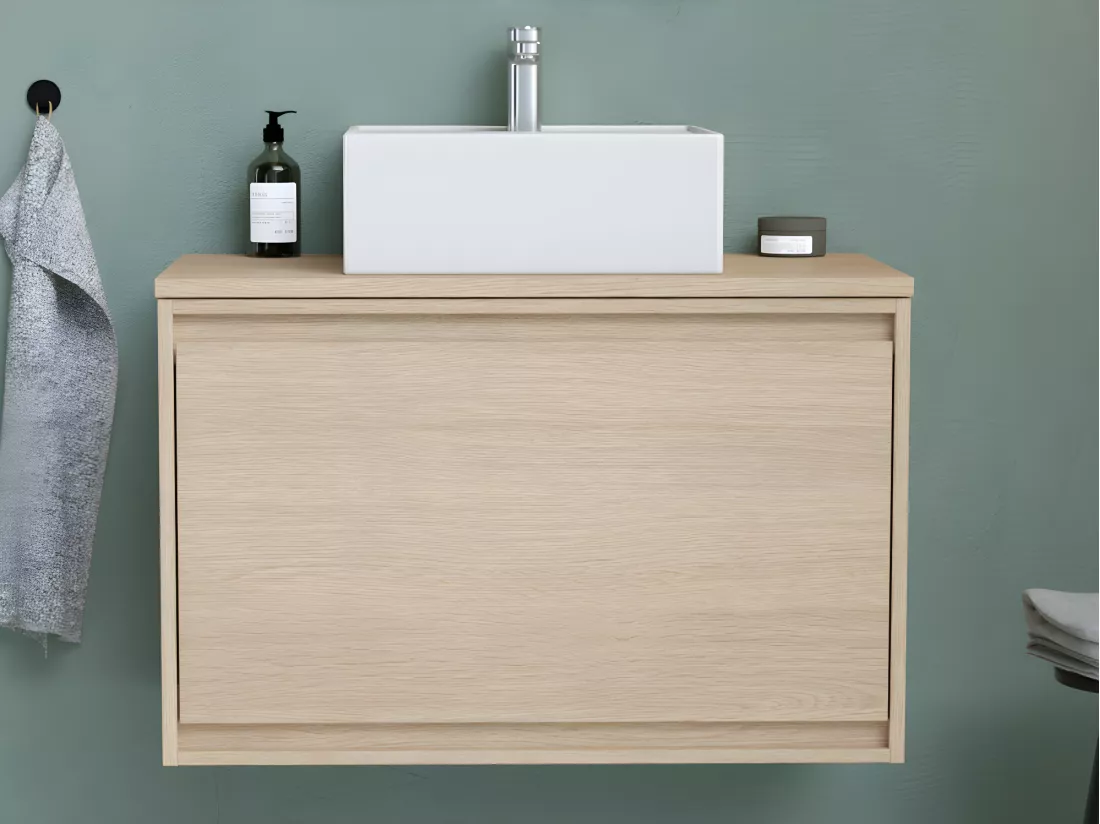 Meuble de salle de bain suspendu avec vasque à poser en céramique - Placage chêne - 80 cm - MESLIVA