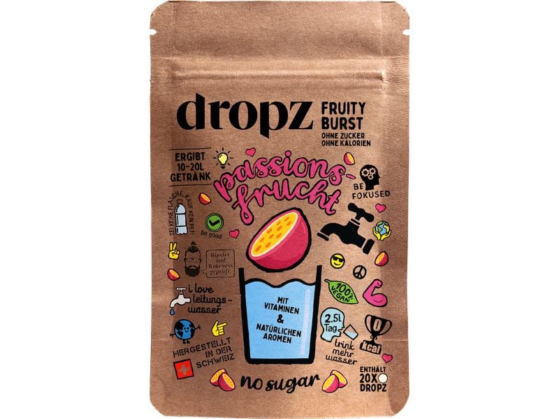Dropz Passionsfrucht 1 Beutel à 20 Stück Für leckere Erfrischungsgetränke ohne mühsames Schleppen von Flaschen