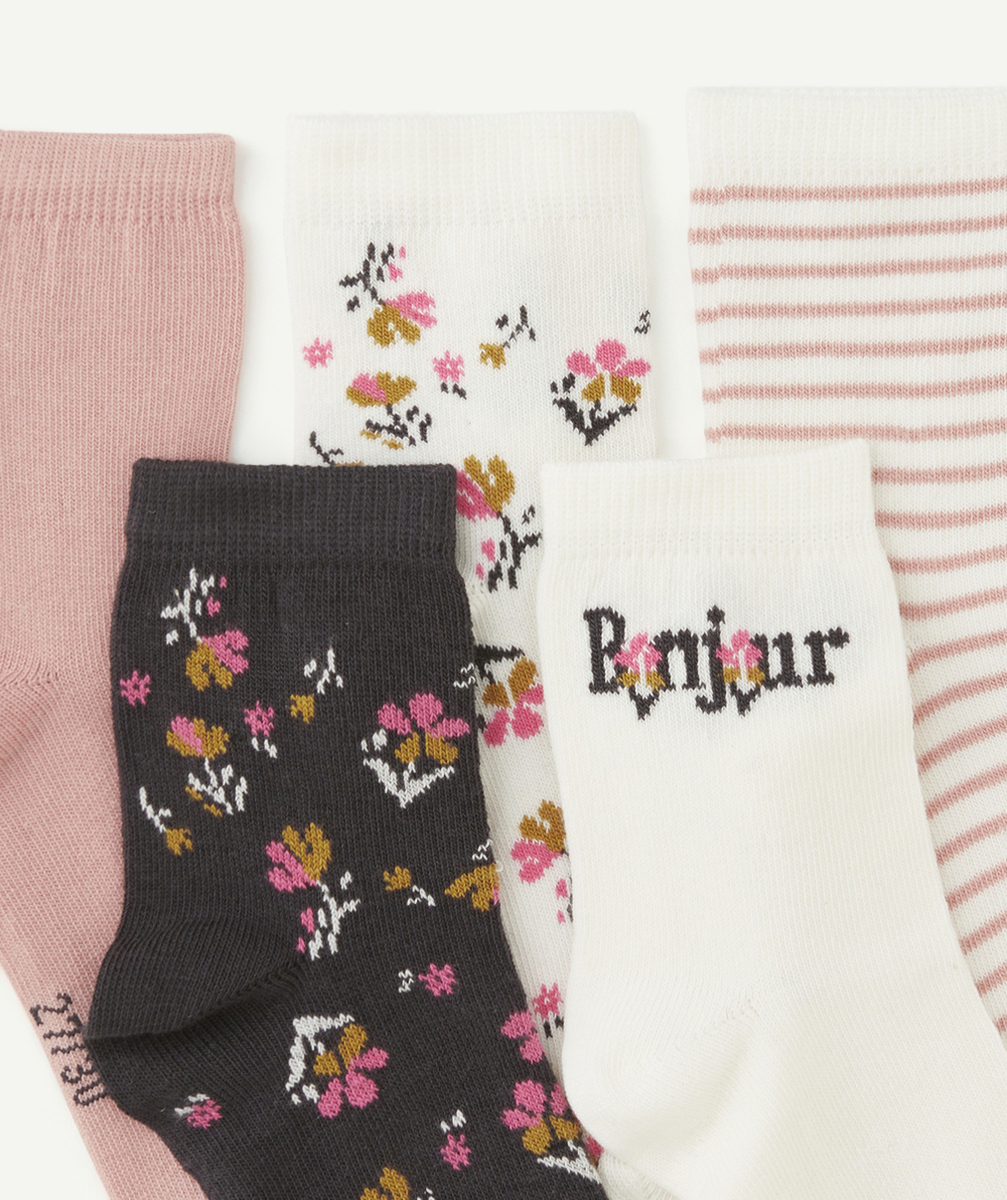 LOT DE 5 PAIRES DE CHAUSSETTES FILLE AVEC IMPRIMÉ FLEURI ET RAYURES