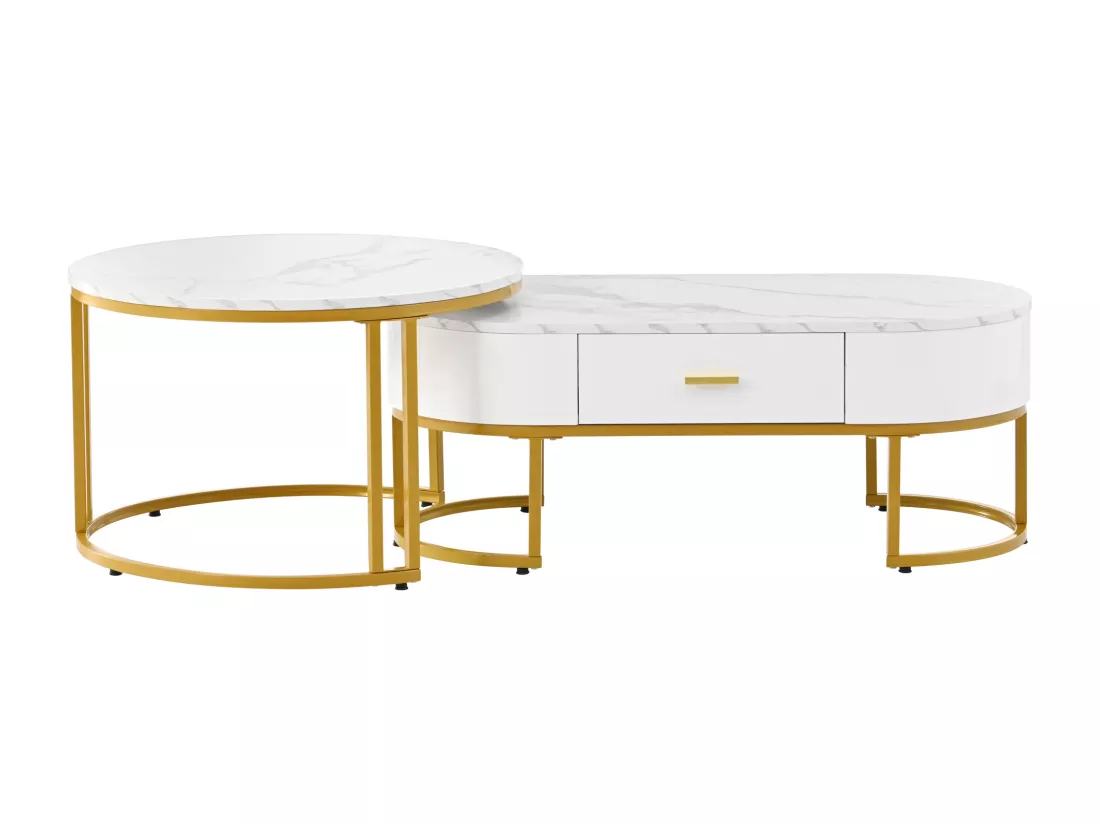 Lot de 2 tables basse gigognes avec tiroir - pièds métallique - placage marbré - blanc