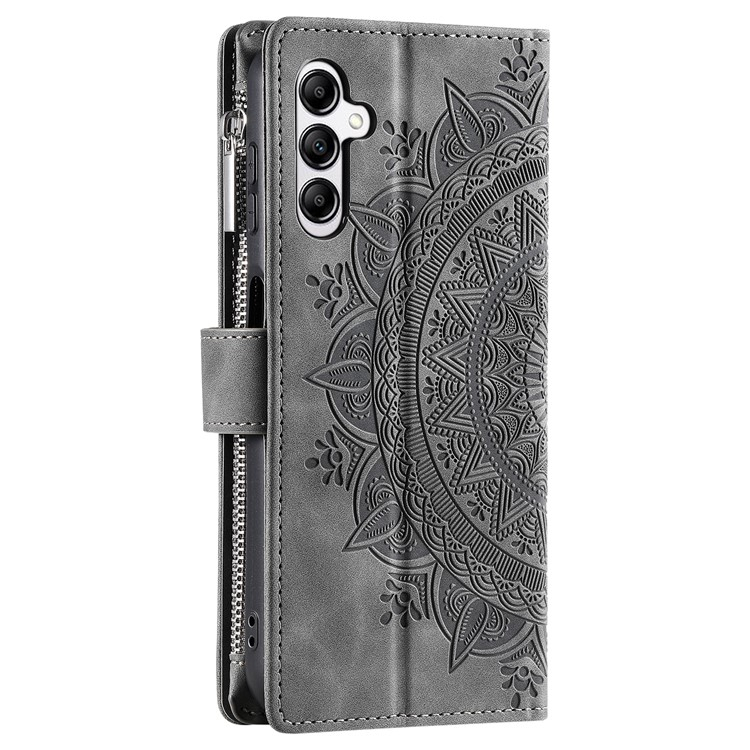 Samsung Galaxy A56 Leder Tasche Flip Cover mit Reissverschluss - Mandala Flowers Imprint - Grau