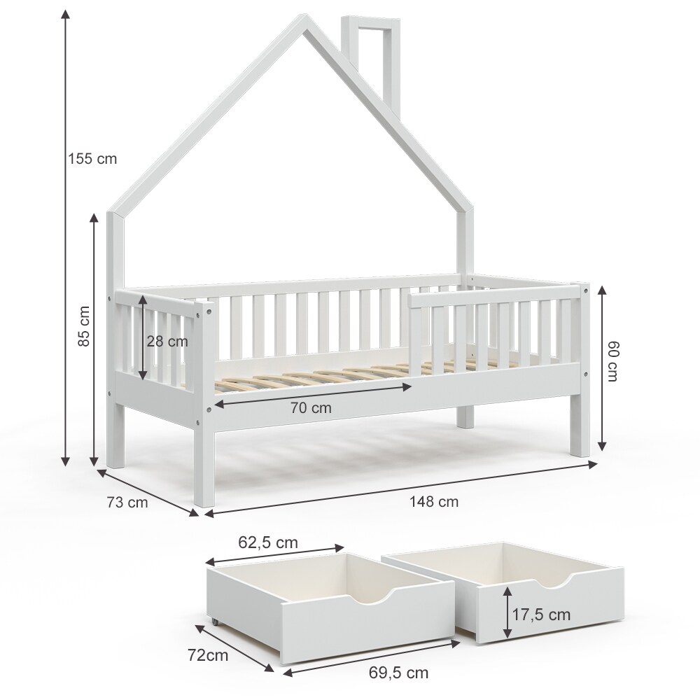 VitaliSpa Hausbett Kinderbett Spielbett Noemi 70x140cm Schubladen Rausfallschutz