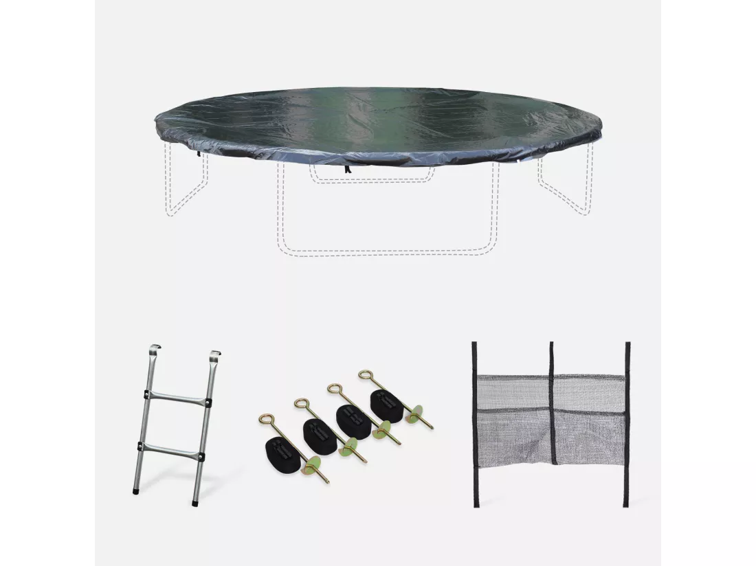 Pack accessoires pour trampoline Ø 430cm Vénus / Sagittaire / Vénus INNER - Échelle. bâche de protection. filet de rangement pour chaussures et kit d’ancrage