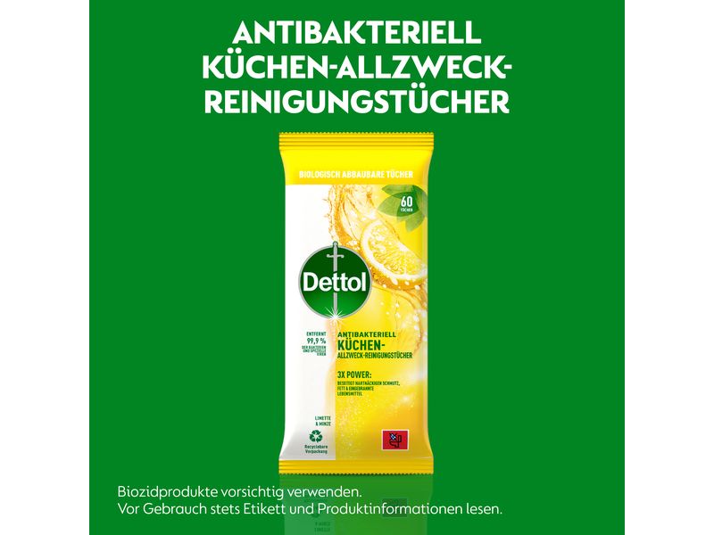 Dettol Küchen Allzweck-Reinigungstücher Limette & Minze 60 Antibakterieller Oberflächenreiniger mit Limette & Minze Duft