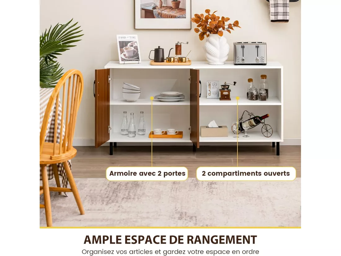 Buffet salon avec 2 portes et 2 compartiments, 4 pieds métalliques, 148 x 40 x 75 cm