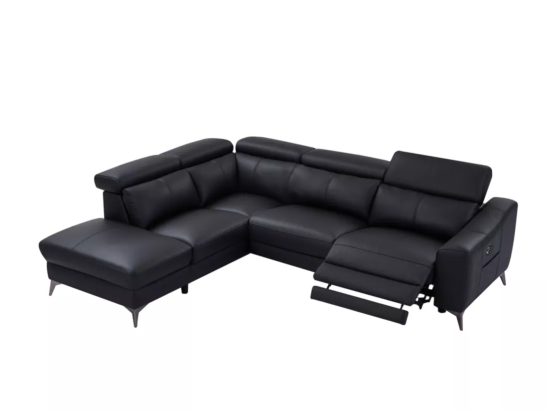 Canapé d'angle gauche relax électrique en cuir noir FORLO