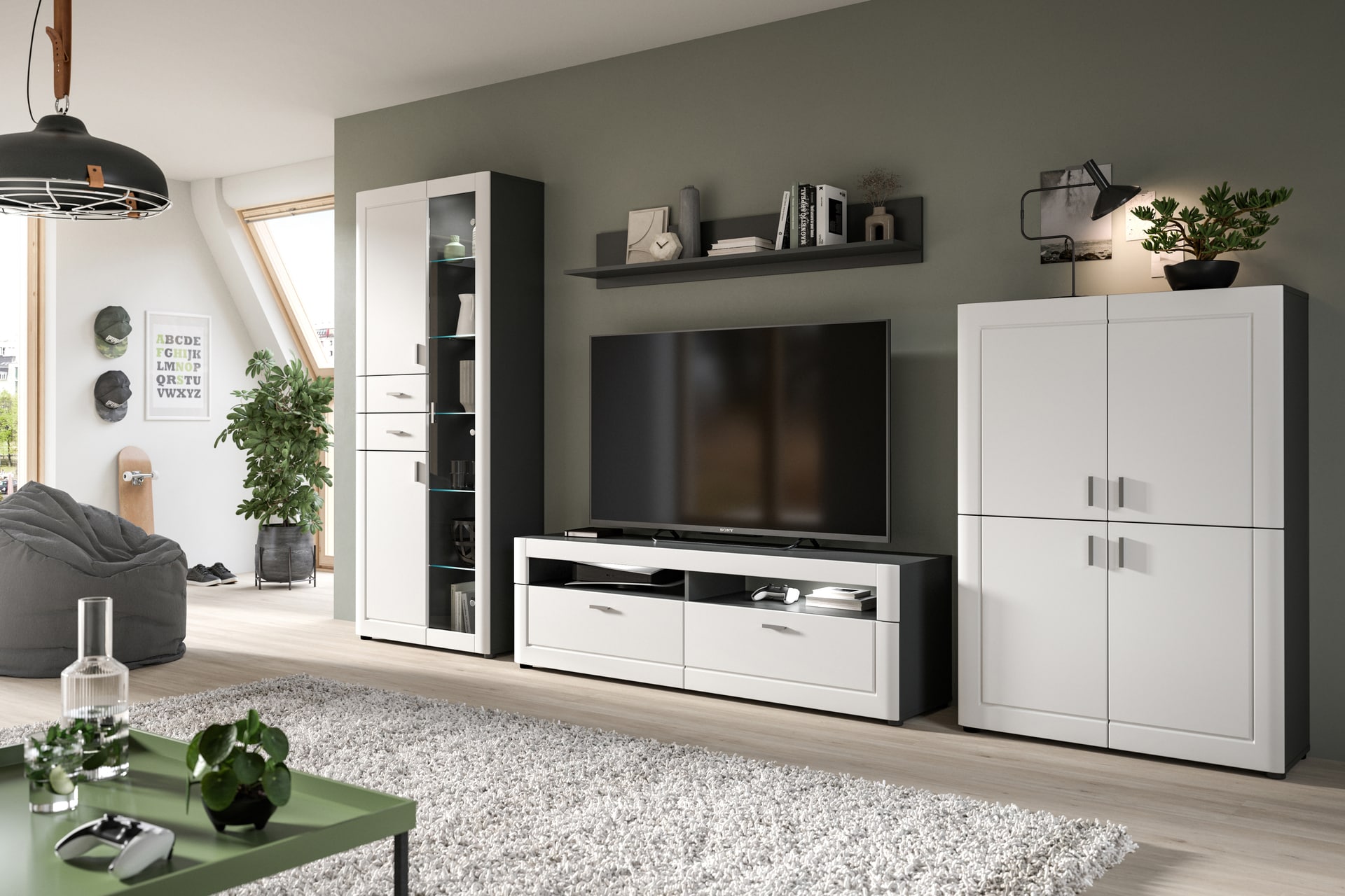 Vitrine LAGO 80 x 194 cm weiß matt/grau