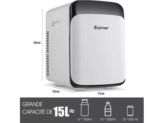 Mini Frigo 15L Mini Réfrigérateur 2 en 1 Fonction de Refroidissement et de Chauffage, Température -3 ℃ ~ 50 ℃, Mini frigo Portable 76 KWh/an pour Maison/Voiture (Blanc) [Classe énergétique E]