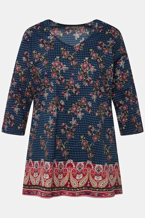 Longshirt, A-Line, Blüten Print, Bordüre, V-Ausschnitt, 3/4-Arm