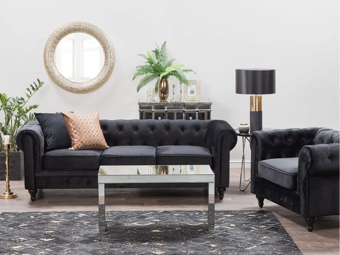 Canapé 3 places en velours noir CHESTERFIELD