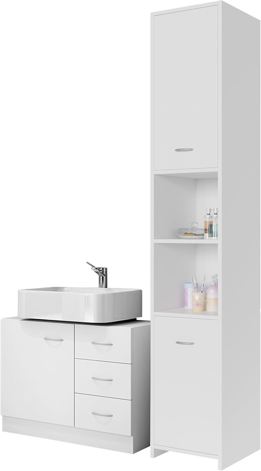 Casaria® Badmöbel Set 2-TLG Weiß Waschbeckenunterschrank Badezimmerhochschrank Unterschrank mit Schubladen Hochschrank Bad Regal Holz Für Kleine Bäder