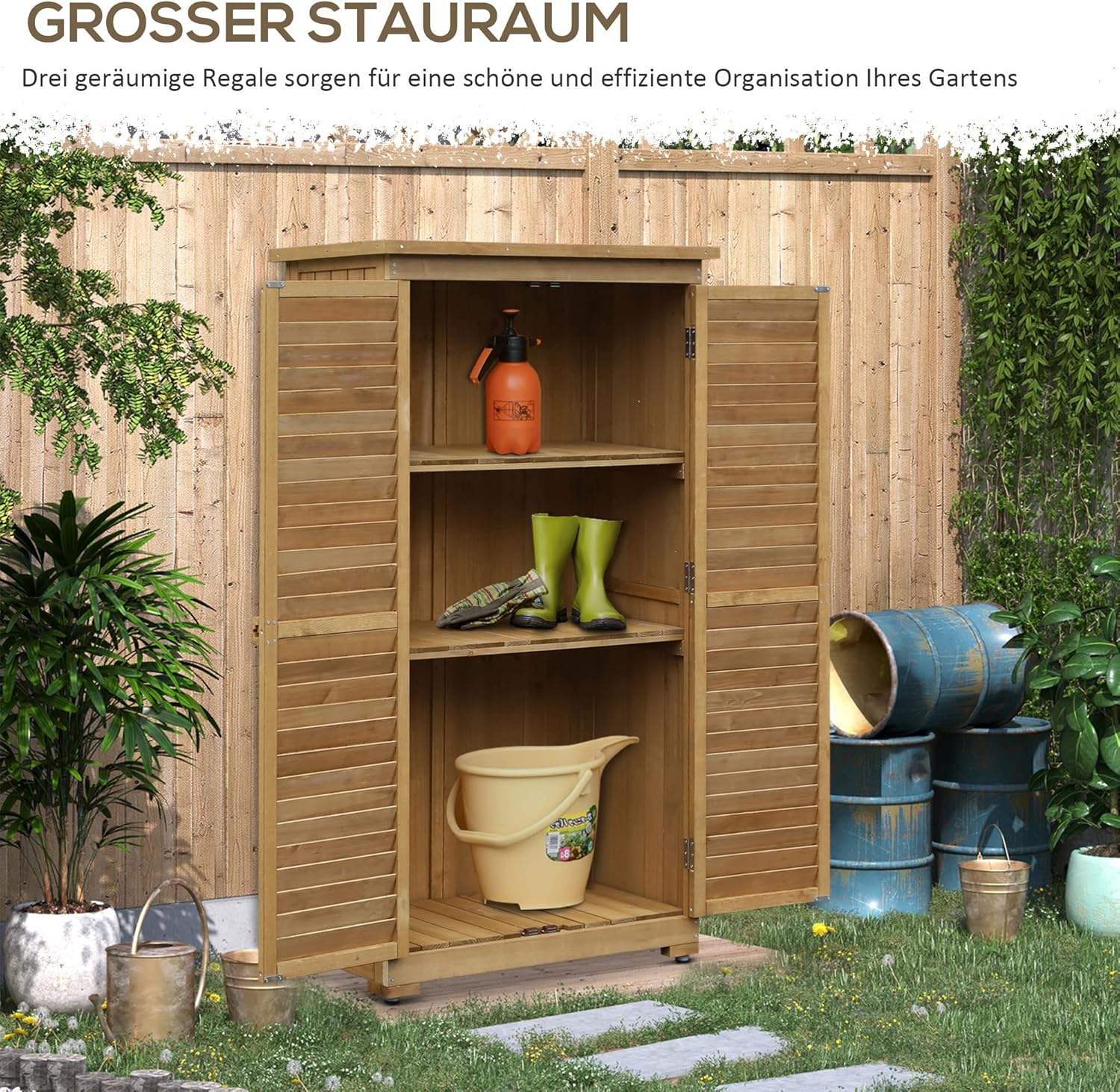 Outsunny Gartenschrank Holz, Geräteschuppen wetterfest 87x46,5x160cm, Gerätehaus mit Tür, Pultdach, Böden, Geräteschrank, Gartenhaus Werkzeugschrank Gartenschuppen für Garten, Terrasse, Natur