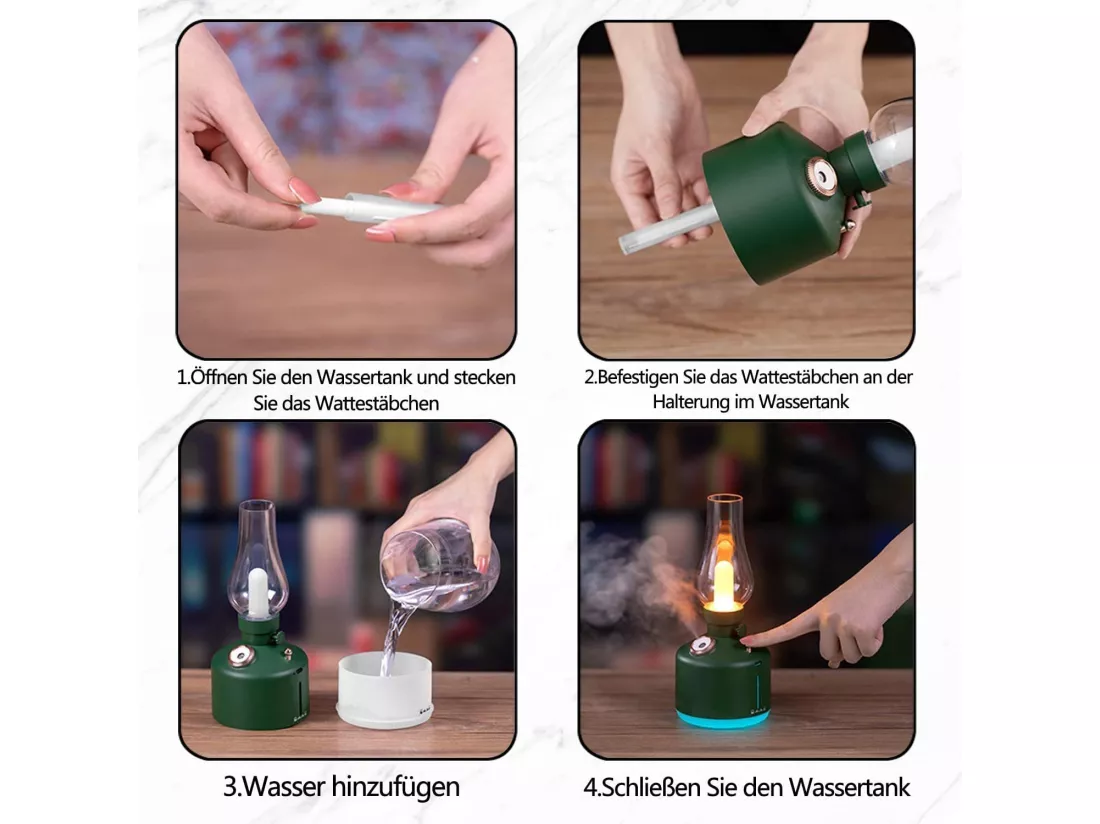 NETTLIFE Lampe de table LED Cadeau de Noël Lampe de chevet Batterie Lampe de table Sans fil Vintage Humidificateur Vert Lampe de parfum Cadeau