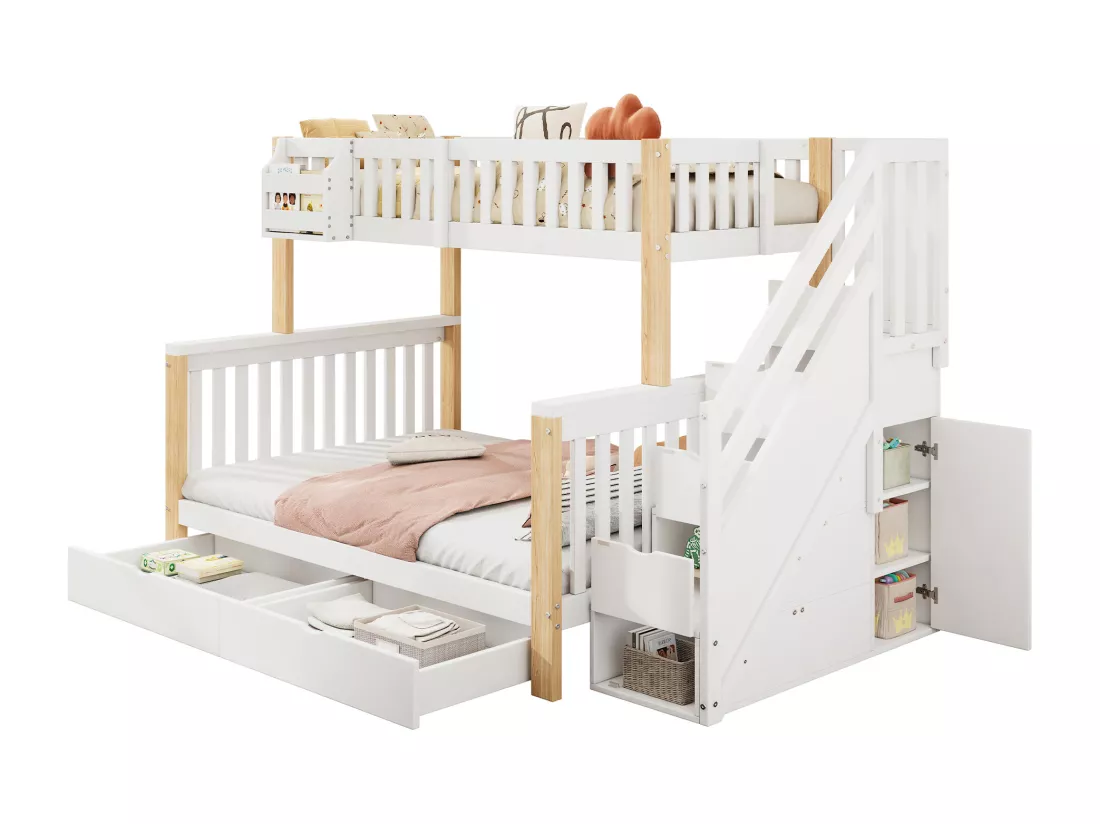 Lit superposé pour enfants 90x200+140x200cm - Lit double - avec 2 tiroirs - avec armoire d'escalier - Blanc + naturel (matelas non inclus)